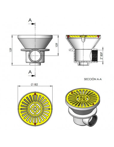 Medidas sumidero D180 PH Salida Lateral 2" AstralPool